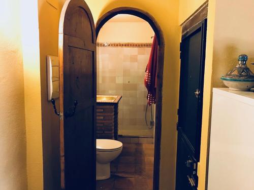 ein Bad mit einem WC und einer offenen Tür in der Unterkunft Estudio El Zoco in Granada