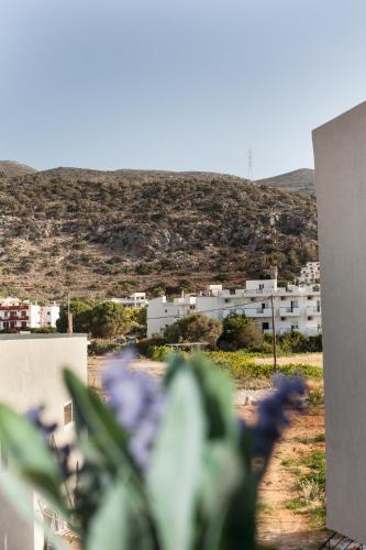 a view of a building with purple flowers in the foreground at Del Mar 'Adults Only' in Stalida