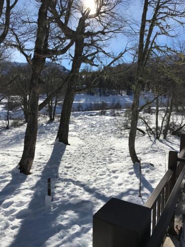 a snow covered field with trees and a fence at Andes Chillan Paraíso en la Montaña in Nevados de Chillan