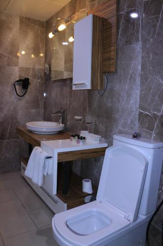 a bathroom with a white toilet and a sink at Momona Hotel in Addis Ababa