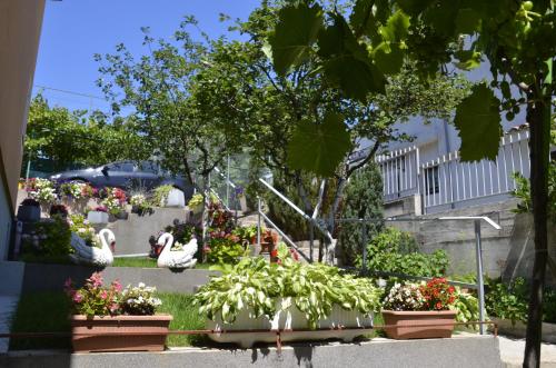 a garden with flowers and plants in pots at Apartments Lilly in Rijeka