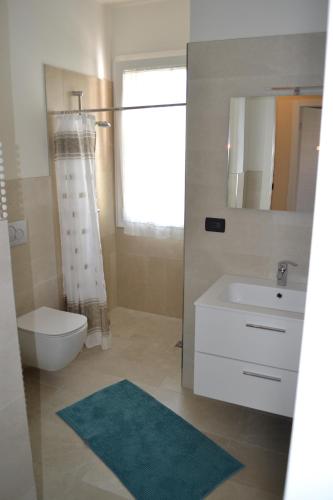 a bathroom with a toilet and a sink and a mirror at B&B Villa Lattes in Vicenza