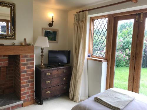 a bedroom with a bed and a television and a fireplace at Hurst Hill in Dunsfold