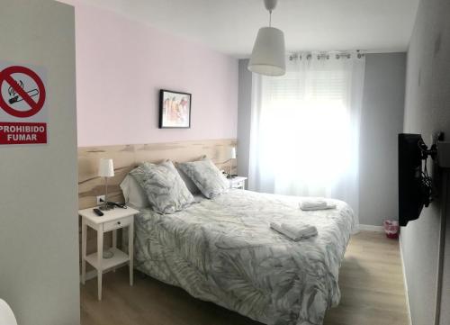a bedroom with a bed and a table and a window at Alojamientos Olga in Pamplona
