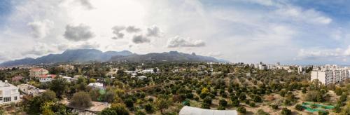 a city with trees and buildings and a mountain at Lavanta Residence in Kérynia