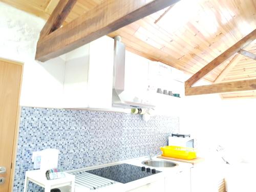 a kitchen with a sink and a wooden ceiling at Casa de Sistelo - Turismo Rural Gerês in Sistelo