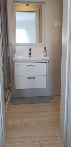 a bathroom with a sink and a window at Apartmani Sanja in Vrsi