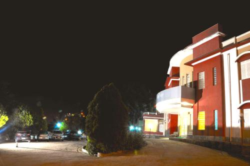 a building at night with a tree in front of it at Hotel Platanus in Campos do Jordão