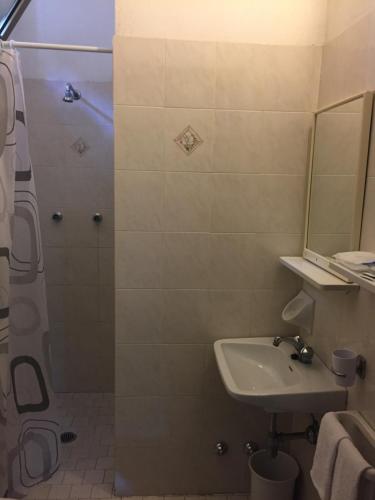 ein Bad mit einer Dusche, einem Waschbecken und einem Spiegel in der Unterkunft Hotel Belvedere in Castrocaro Terme