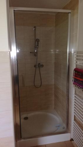 a shower in a bathroom with a tub at Penzión Čergov in Hervartov