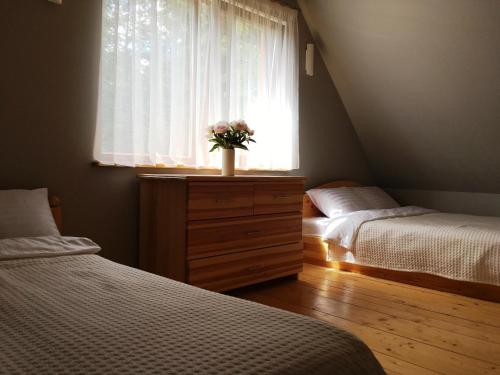 een slaapkamer met 2 bedden en een raam met bloemen op een dressoir bij Dīķmalas in Roja