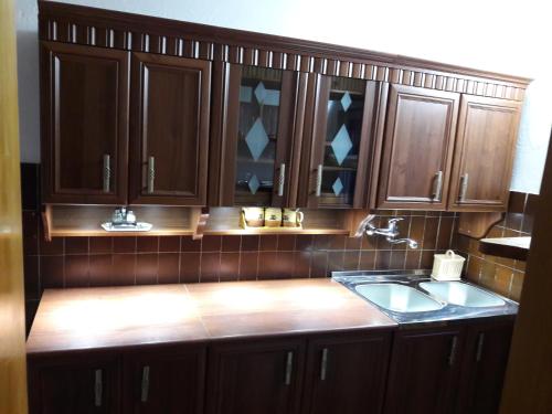 eine Küche mit Holzschränken und einem Waschbecken in der Unterkunft Holiday Home Aleksic in Žabljak