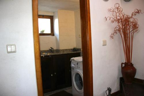 a laundry room with a washing machine and a sink at Casa da Barriada I in Bragança