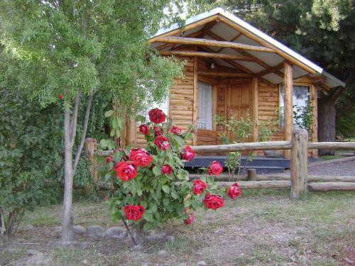 una pequeña cabaña con rosas rojas delante de ella en Complejo La Cautiva en Esquel