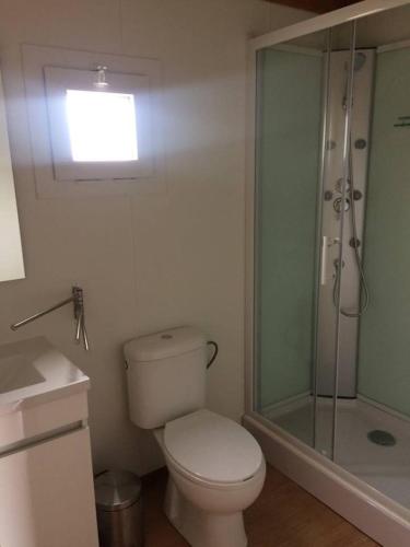 a bathroom with a toilet and a glass shower at Monte Loureiro-caveira in Melides
