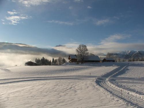 a snow covered field with a house in the distance at Eggerhof in Ramsau am Dachstein