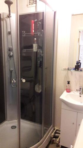 um chuveiro com uma porta de vidro ao lado de um lavatório em Ainaži em Ainaži