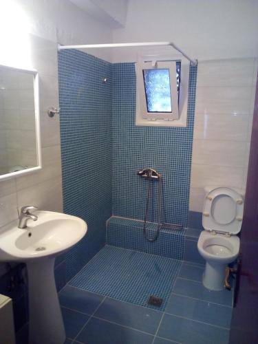 a bathroom with a shower and a toilet and a sink at Fiona Seafront Apartments in Nikiana