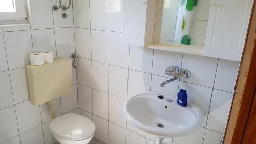 a white bathroom with a toilet and a sink at Cozy apartment in Jezera