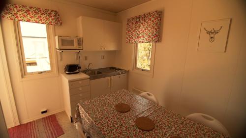 a small kitchen with a table and a sink at Camp Alta Kiruna in Kiruna
