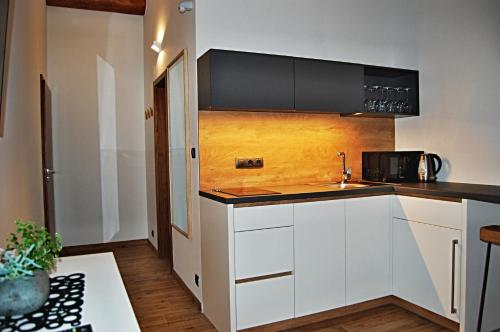 a kitchen with white cabinets and a black counter top at Penzion Pod Kaštanem in Nedakonitz