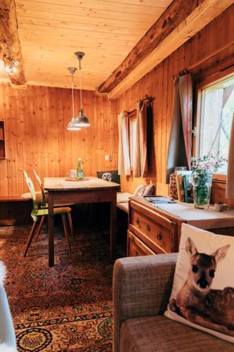 a dog sitting on a pillow in a living room at Zauberhuette Wildschoenau in Oberau