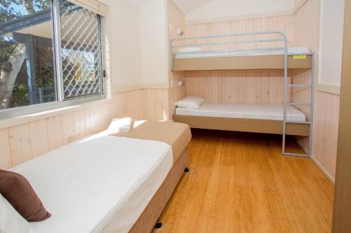 a room with two bunk beds and a window at BIG4 Park Beach Holiday Park in Coffs Harbour