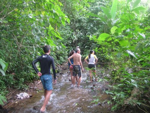a group of people walking through a stream in the forest at Ecolodge el Arca Bahia Solano in Bahía Solano