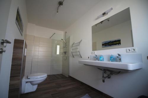 uma casa de banho com um lavatório, um WC e um espelho. em Chalet Fügen em Fügen