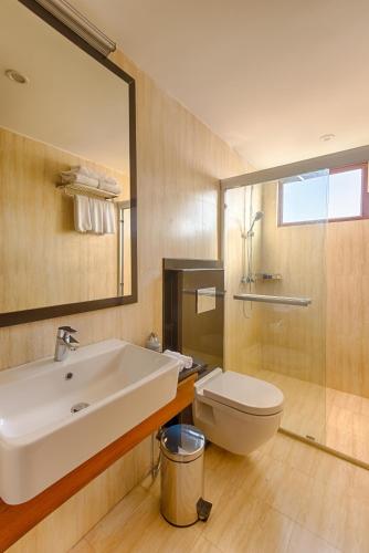 a bathroom with a sink and a toilet and a mirror at NorthGate Jaffna in Jaffna