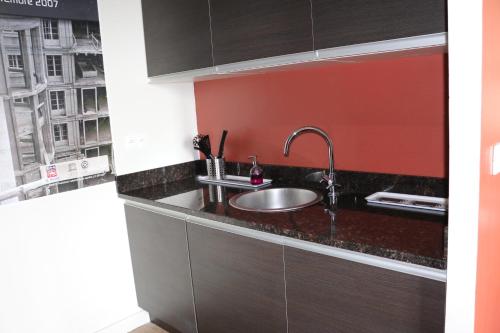 uma cozinha com um lavatório e uma parede vermelha em Maison Valmer - Le négociant, élégant F2 classé 4 étoiles em Le Havre