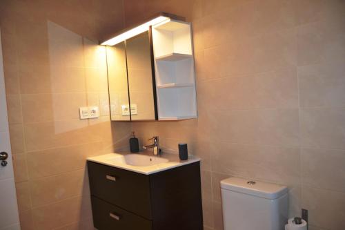 a bathroom with a sink and a mirror and a toilet at Residencial Costa Doñana (Sanlucar de Barrameda) in Sanlúcar de Barrameda