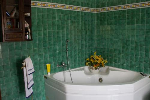 a green tiled bathroom with a tub with a flower in it at Torre Colombaia in Salsomaggiore Terme