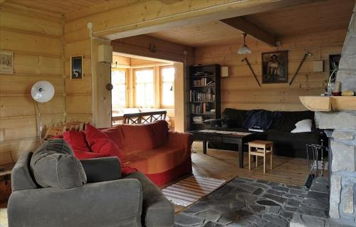 ein Wohnzimmer mit einem Sofa und einem Kamin in der Unterkunft Country Home in heart of Tatra mountains in Zakopane