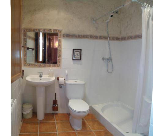 a bathroom with a toilet and a sink and a tub at Casa Rural La Milagrosa in San Martín de Moncayo