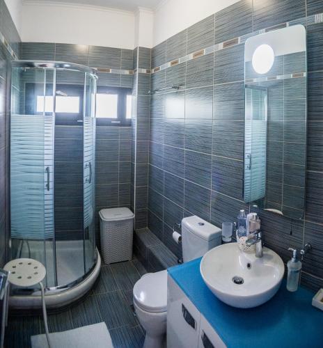 a bathroom with a sink and a toilet and a shower at Villa Nicolas Plataria in Plataria