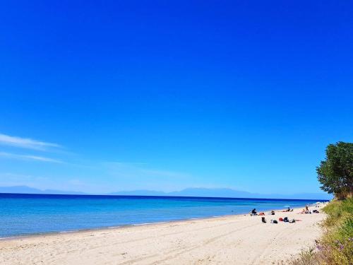 a group of people on a beach near the water at Menios Apartments and Studios in Nea Kalikratia