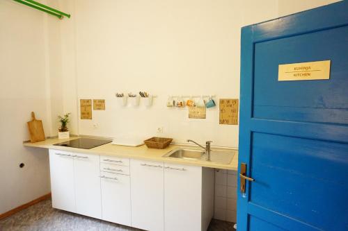 a kitchen with a blue door and a sink at Hostel Idrija in Idrija