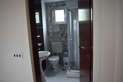 La salle de bains est pourvue de toilettes et d'un lavabo. dans l'établissement Shoposki Guest House, à Elshani