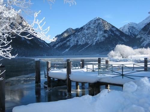 a dock covered in snow with mountains in the background at Pension Posthansl in Heiterwang