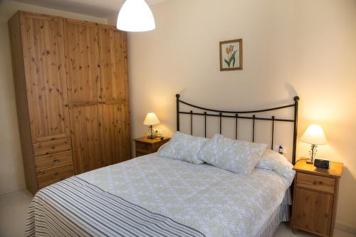 1 dormitorio con 1 cama con 2 mesitas de noche y 2 lámparas en Apartamento Torcal Écija, en Écija