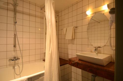 een badkamer met een wastafel en een douche met een spiegel bij Hotel Malcot in Mechelen