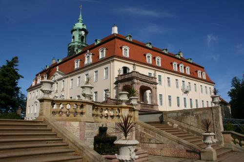 a large building with a staircase in front of it at Schlossgasthaus Lichtenwalde in Lichtenwalde
