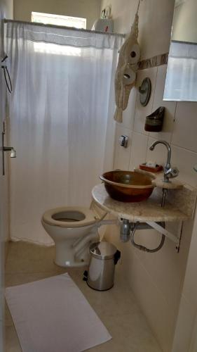 a bathroom with a toilet and a sink and a shower at Pousada Recanto das Girafas in Cunha