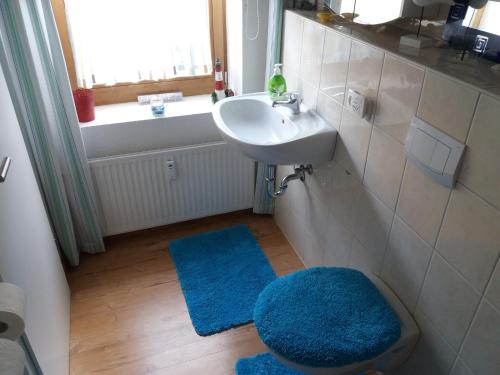 a bathroom with a sink and a blue rug at Pensionszimmer Lützowzimmer in Lübeck