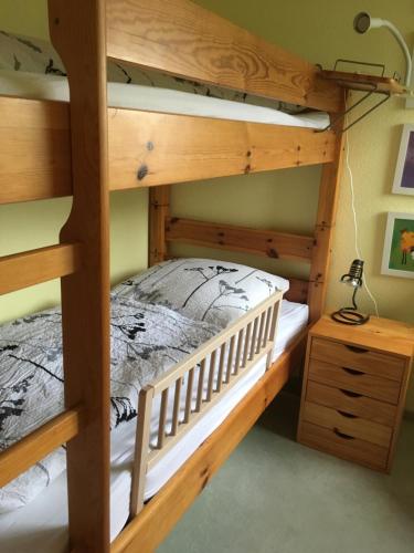 a bedroom with two bunk beds and a desk at de Storken Diek in Dorum Neufeld