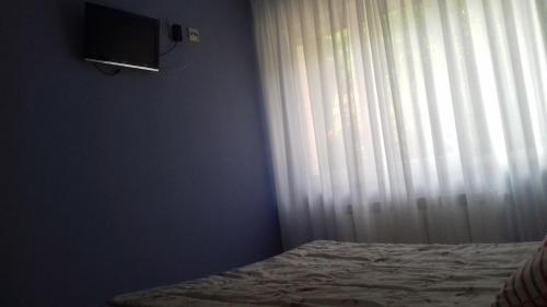 a bedroom with a bed and a window with a television at Hotel Brisas del Sella in Ribadesella