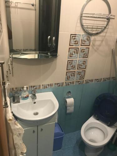 bagno con lavandino, servizi igienici e specchio di Vasileva a Kam"janec'-Podil's'kyj