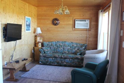 a living room with a couch and a tv at Chalets Grand Pre Cottages in North Rustico