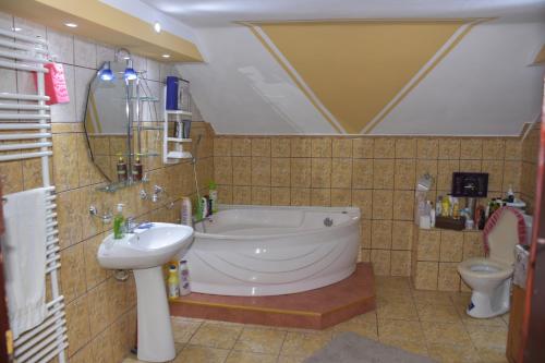 a bathroom with a tub and a sink and a toilet at Cabana Steaua Nordului 2 in Vînători